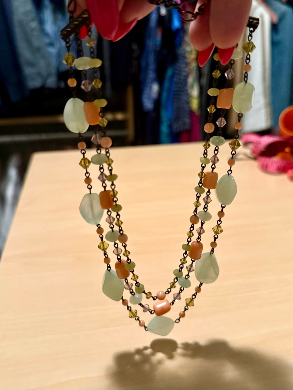 Liz Palacios Multi-Strand Green & Peach Beaded Necklace